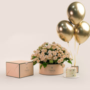 Cream Roses Flower Grande Round Box, Balloons & Birthday Cake Bundle – A Luxurious Trio for Unforgettable Birthdays