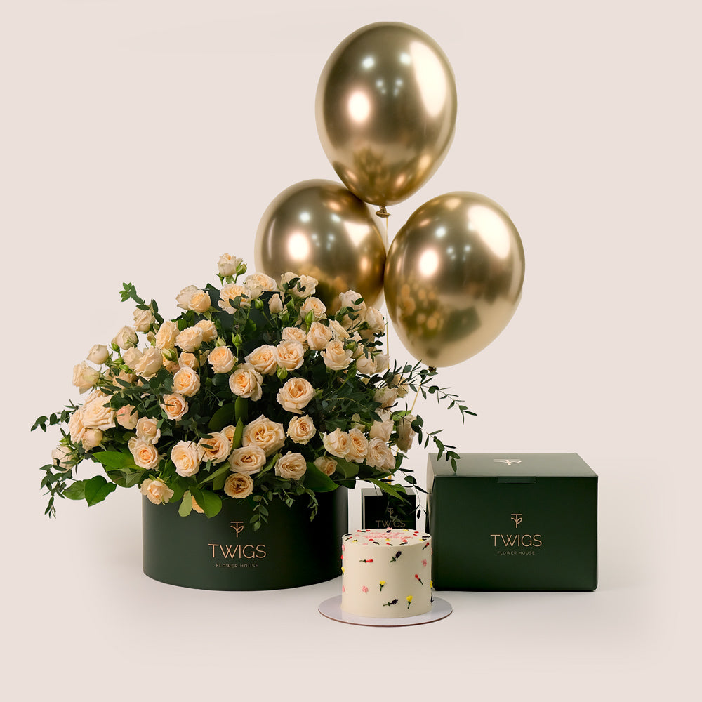 Cream Roses Flower Grande Round Box, Balloons & Birthday Cake Bundle – A Luxurious Trio for Unforgettable Birthdays