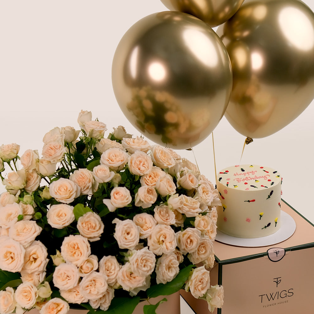 Cream Roses Flower Grande Round Box, Balloons & Birthday Cake Bundle – A Luxurious Trio for Unforgettable Birthdays