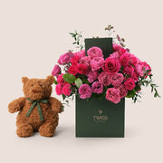 Fuchsia Premium Roses in TWIGS Square Box with Teddy Bear