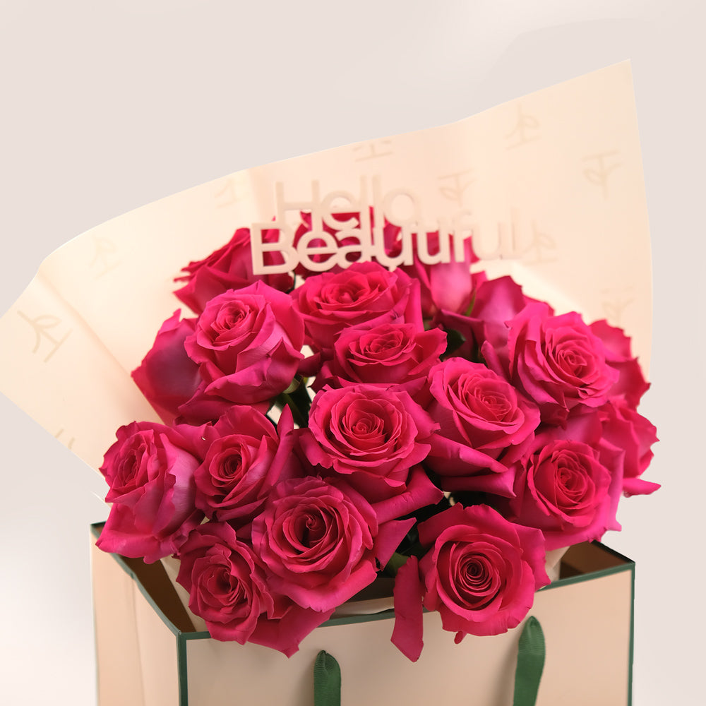 Pink Floyd Roses – Hand Bouquet with Hello Beautiful Topper– A Bold and Beautiful Flower Arrangement