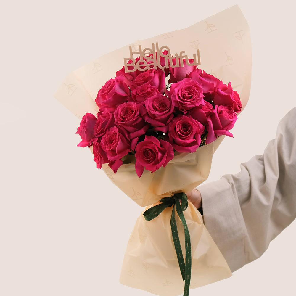 Pink Floyd Roses – Hand Bouquet with Hello Beautiful Topper– A Bold and Beautiful Flower Arrangement