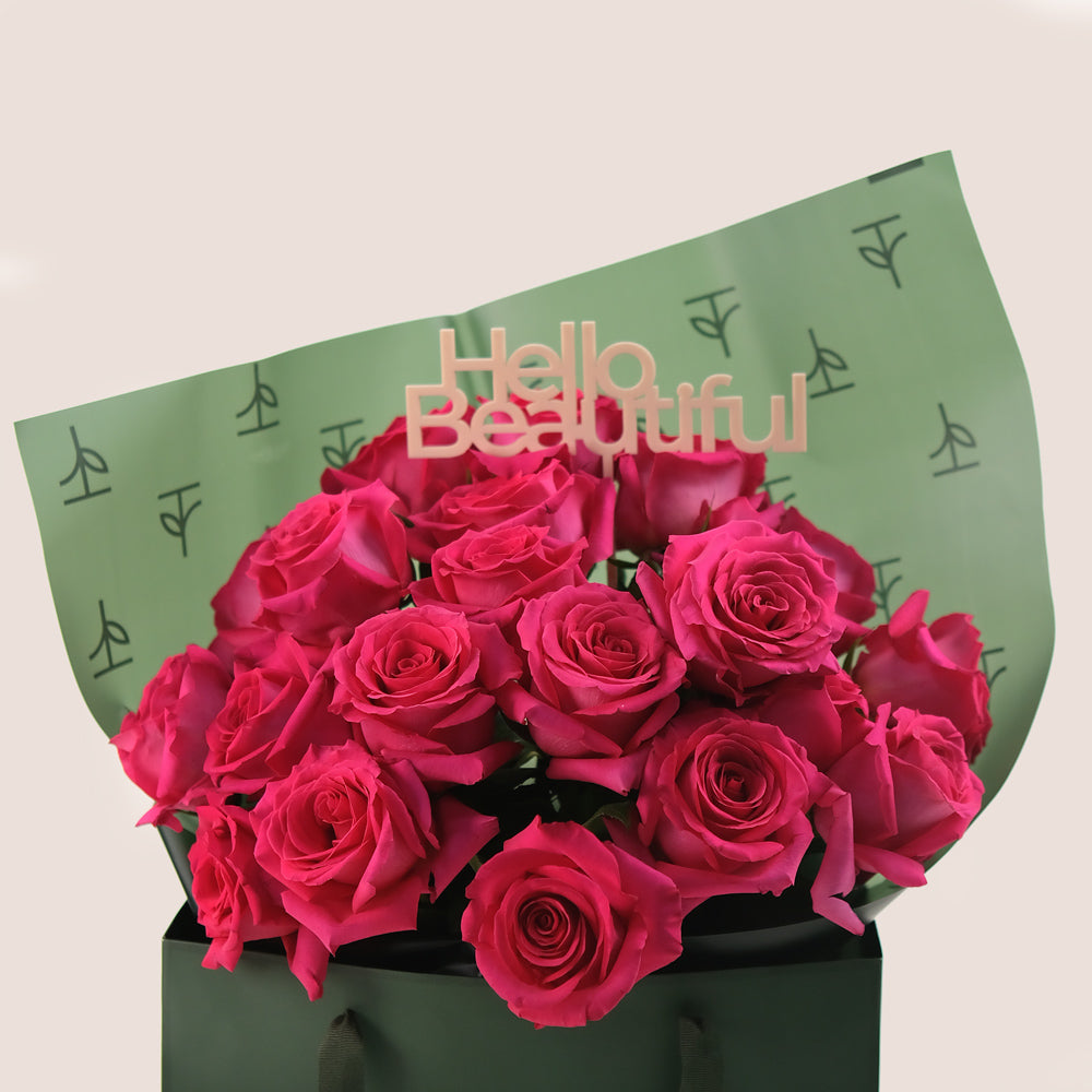 Pink Floyd Roses – Hand Bouquet with Hello Beautiful Topper– A Bold and Beautiful Flower Arrangement