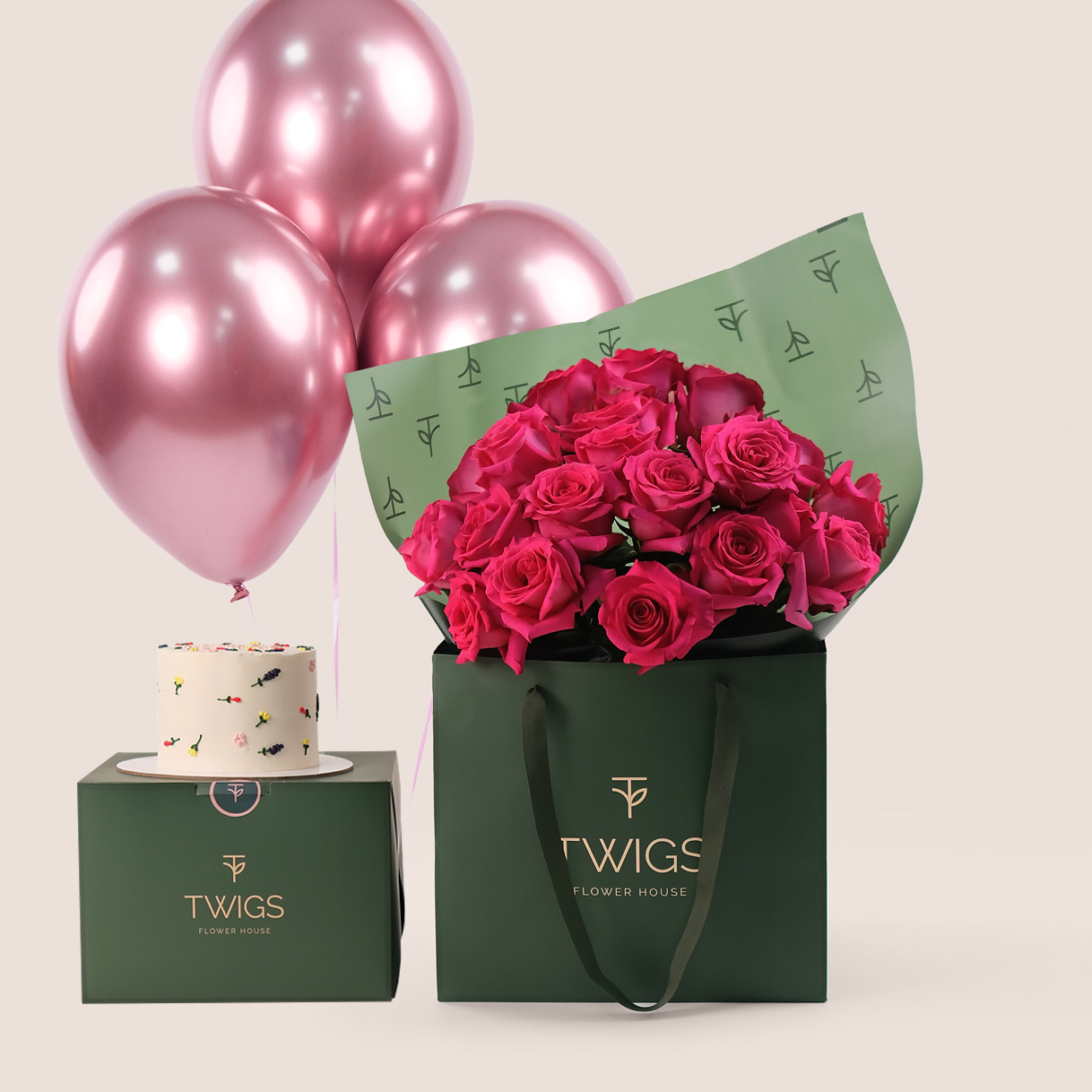 Pink Floyd Ecuador Rose Bouquet in TWIGS Signature Carry Bag - Birthday Flower Bundle