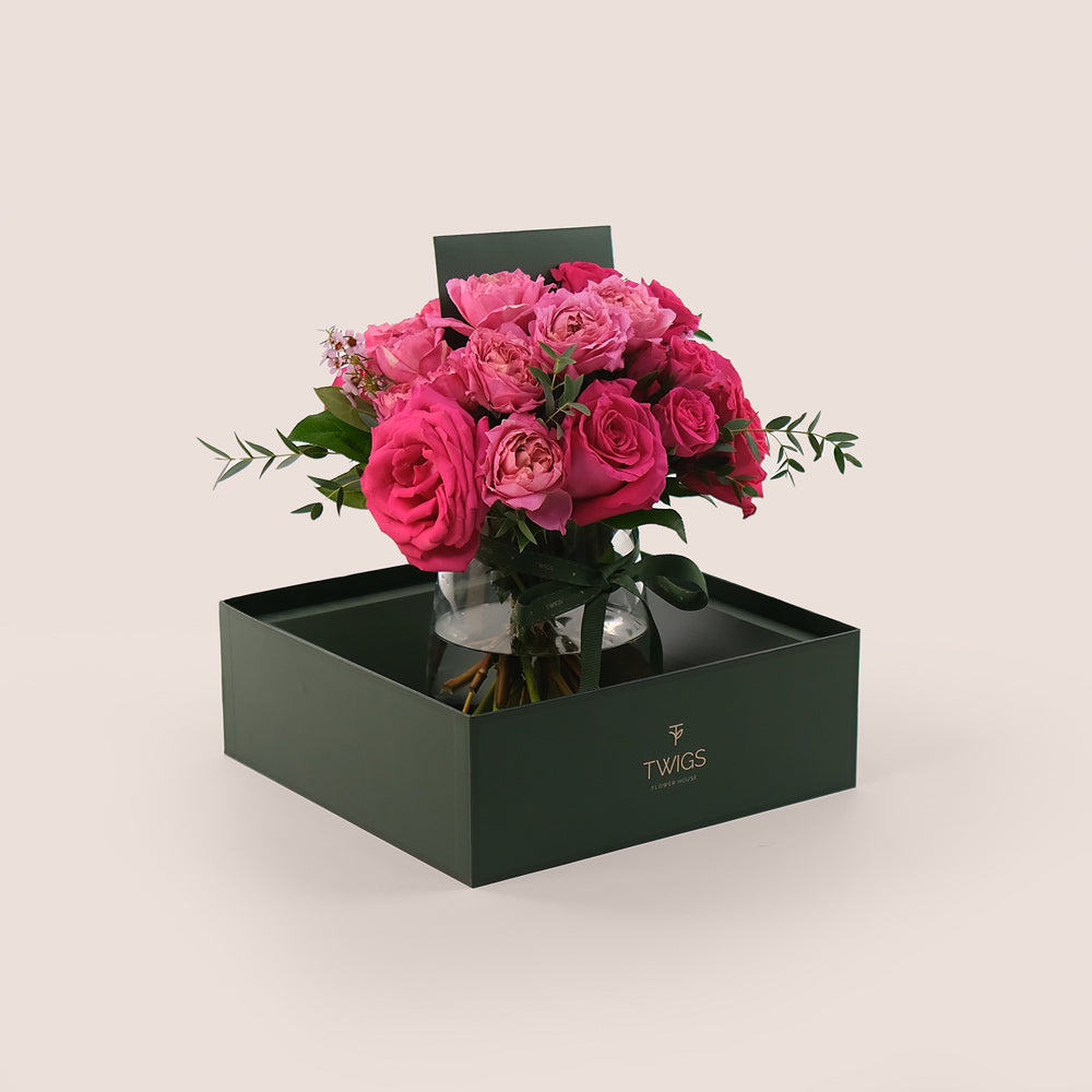 Julieta Cerise & Pink Floyd Roses in a Flower Vase – Petite Brilliance with a Bold Pop of Color