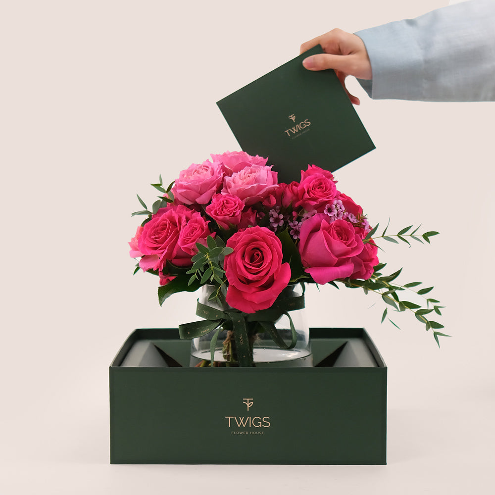 Julieta Cerise & Pink Floyd Roses in a Flower Vase – Petite Brilliance with a Bold Pop of Color