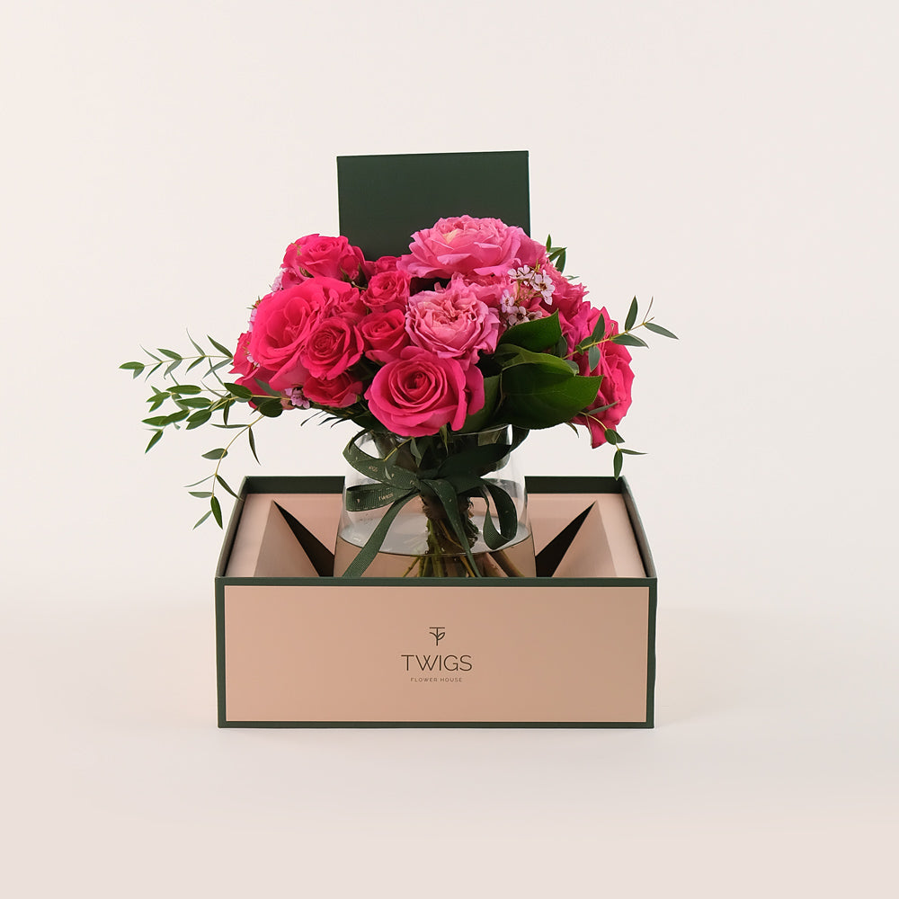 Julieta Cerise & Pink Floyd Roses in a Flower Vase – Petite Brilliance with a Bold Pop of Color