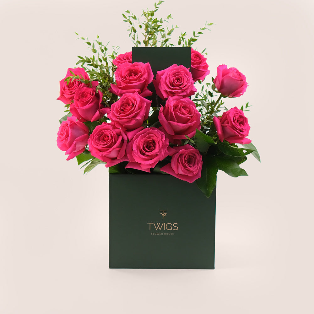 Hot Pink Ecuador Roses & Parvifolia – TWIGS Signature Flower Box– A Vibrant Touch of Elegance