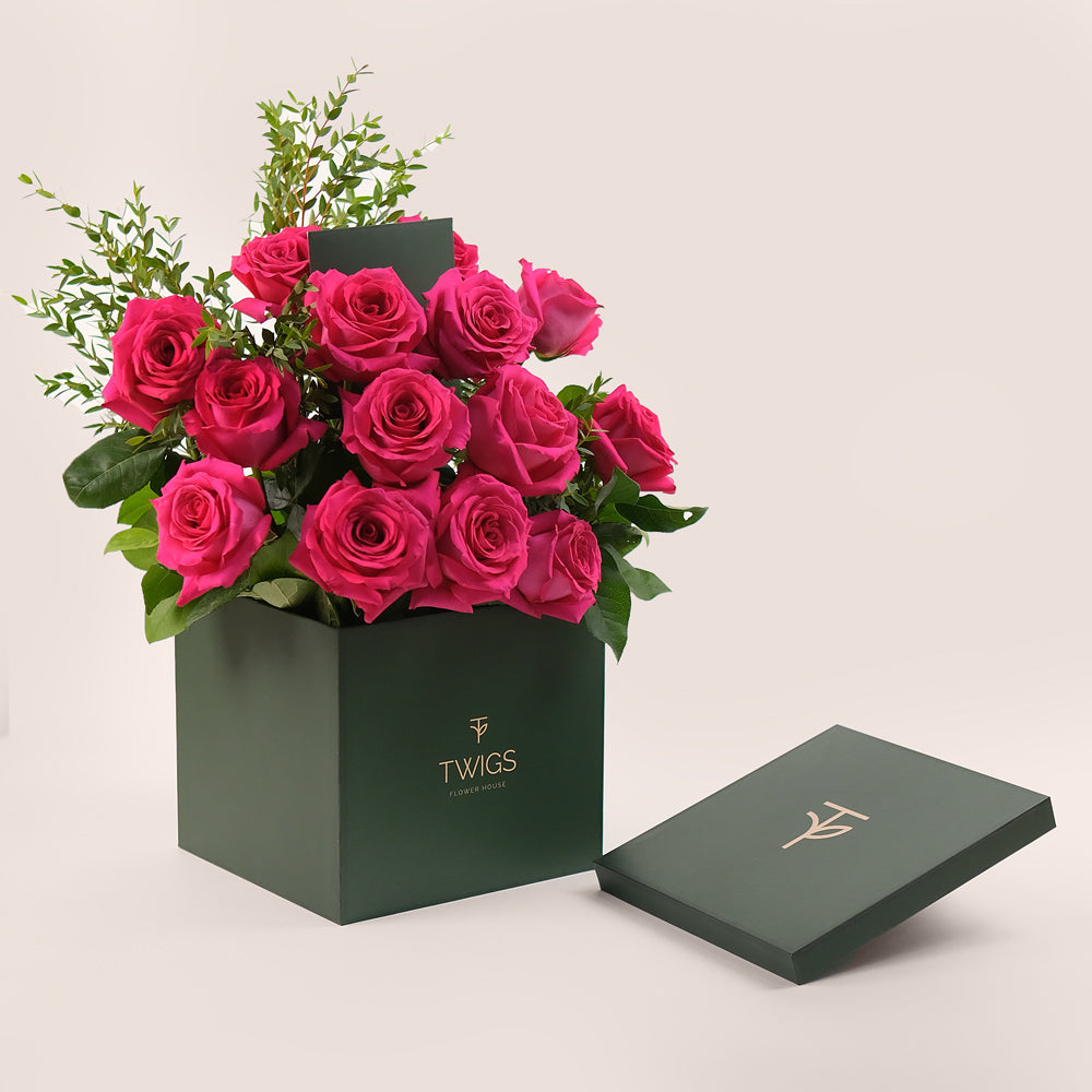 Hot Pink Ecuador Roses & Parvifolia – TWIGS Signature Flower Box– A Vibrant Touch of Elegance