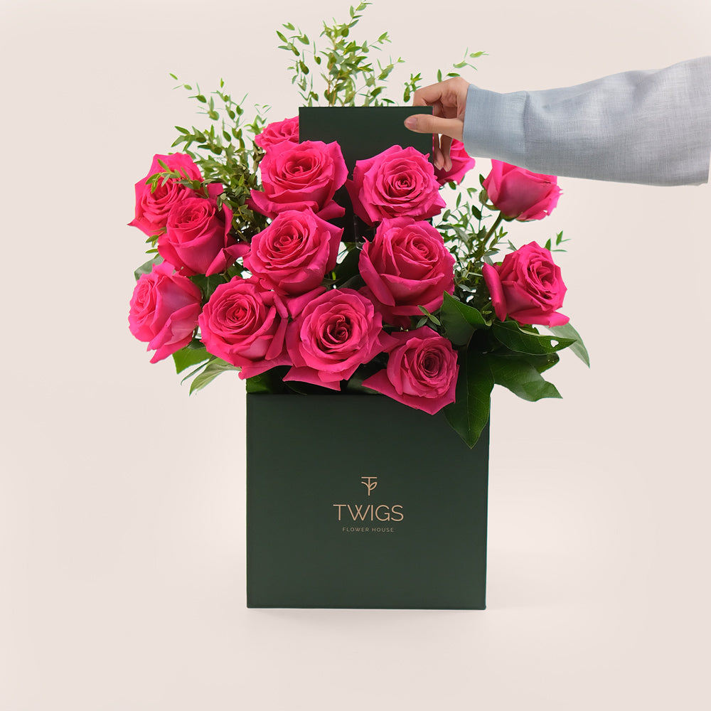 Hot Pink Ecuador Roses & Parvifolia – TWIGS Signature Flower Box– A Vibrant Touch of Elegance