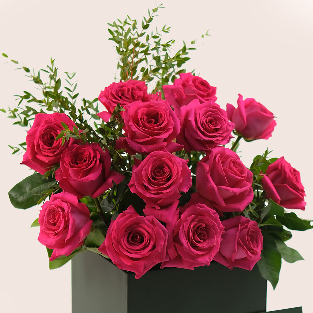 Hot Pink Ecuador Roses & Parvifolia – TWIGS Signature Flower Box– A Vibrant Touch of Elegance