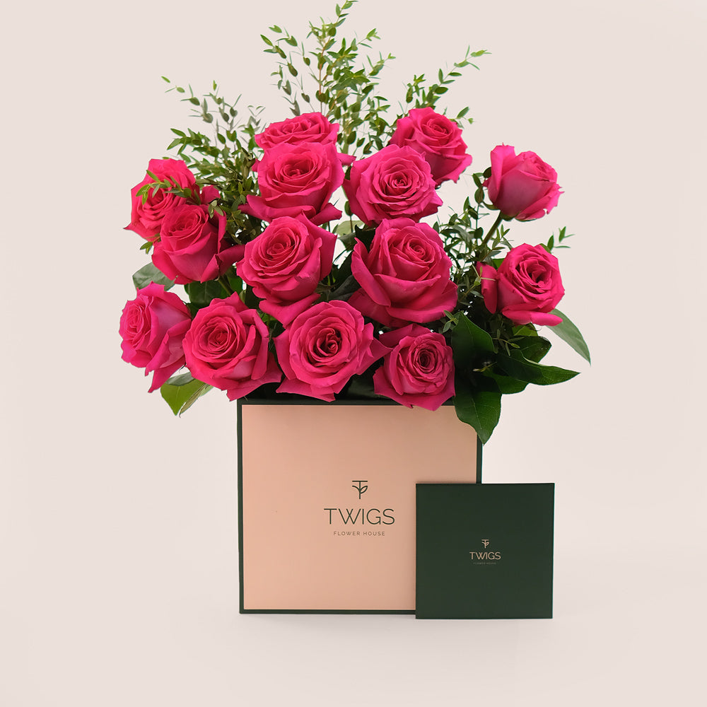 Hot Pink Ecuador Roses & Parvifolia – TWIGS Signature Flower Box– A Vibrant Touch of Elegance