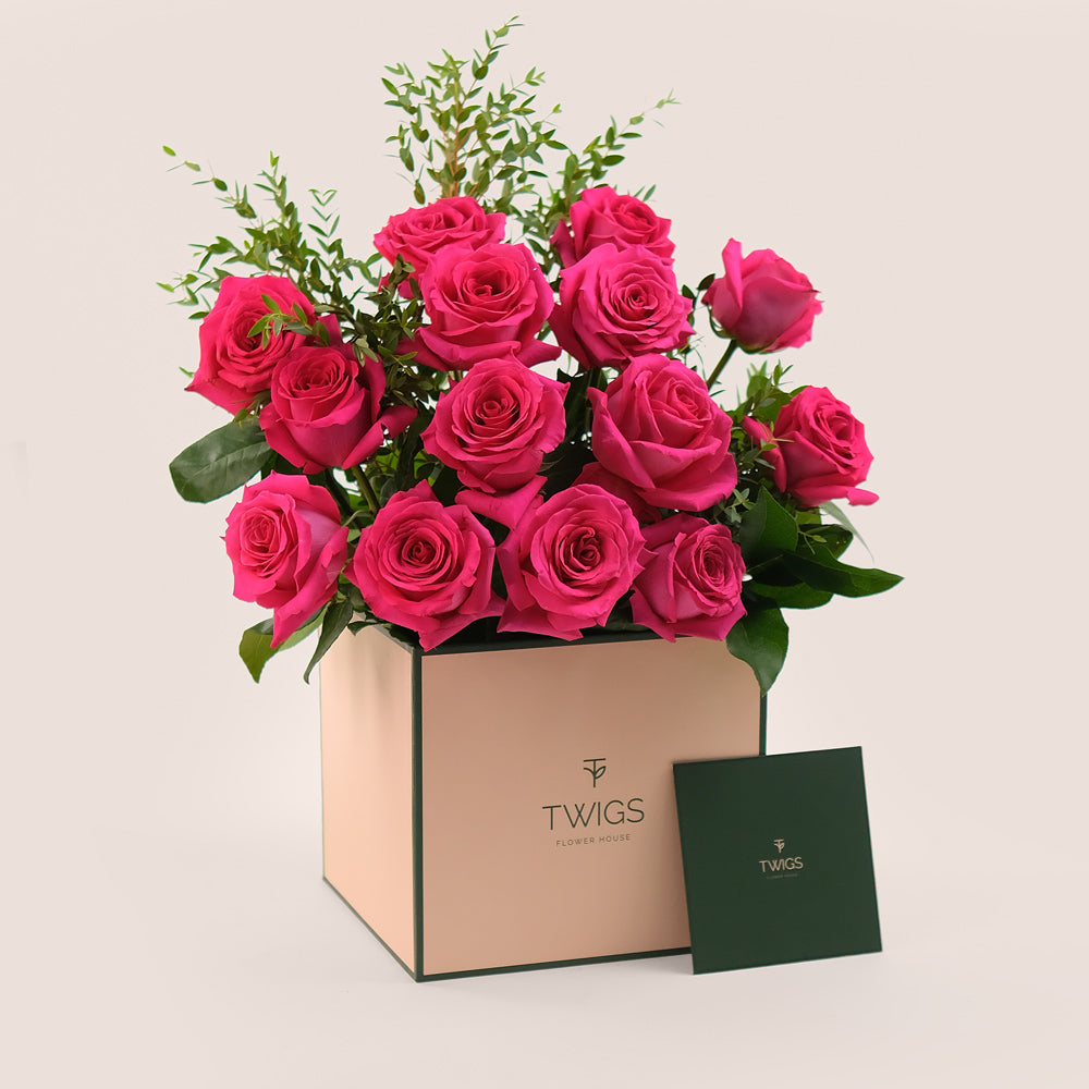 Hot Pink Ecuador Roses & Parvifolia – TWIGS Signature Flower Box– A Vibrant Touch of Elegance