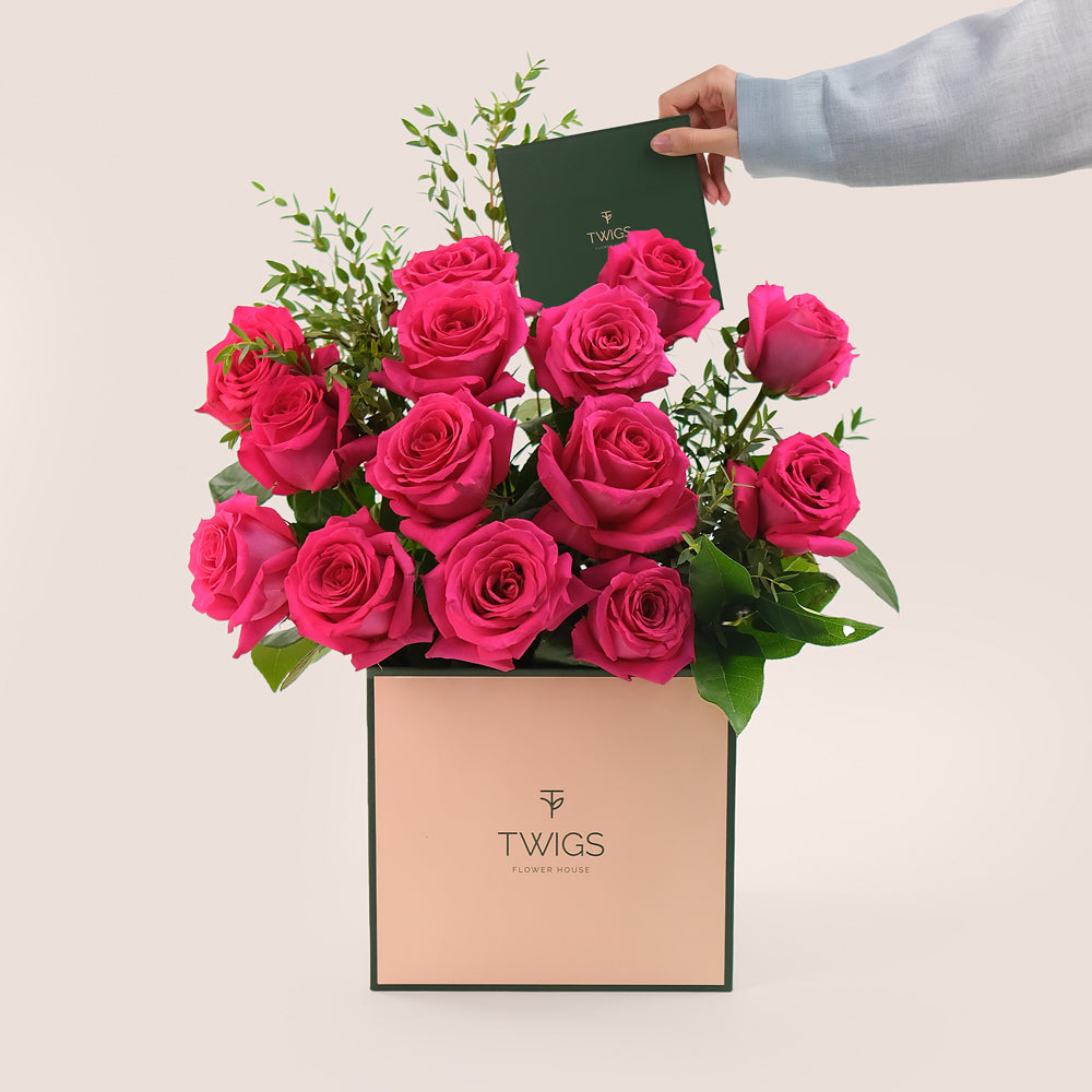 Hot Pink Ecuador Roses & Parvifolia – TWIGS Signature Flower Box– A Vibrant Touch of Elegance