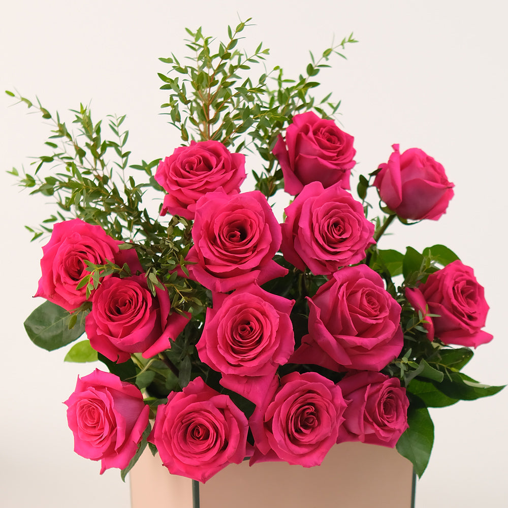 Hot Pink Ecuador Roses & Parvifolia – TWIGS Signature Flower Box– A Vibrant Touch of Elegance