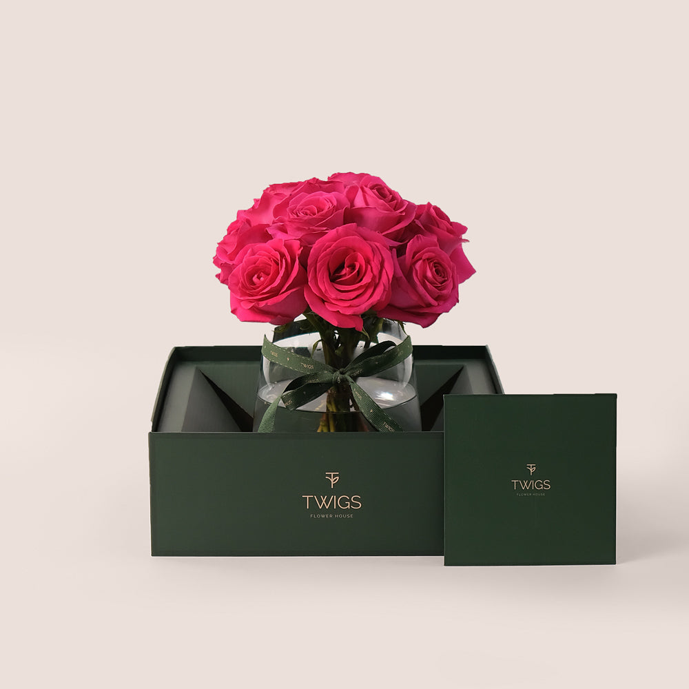 Hot Pink Ecuador Roses in a Petite Flower Vase – Luxury with a Bold Pop of Color