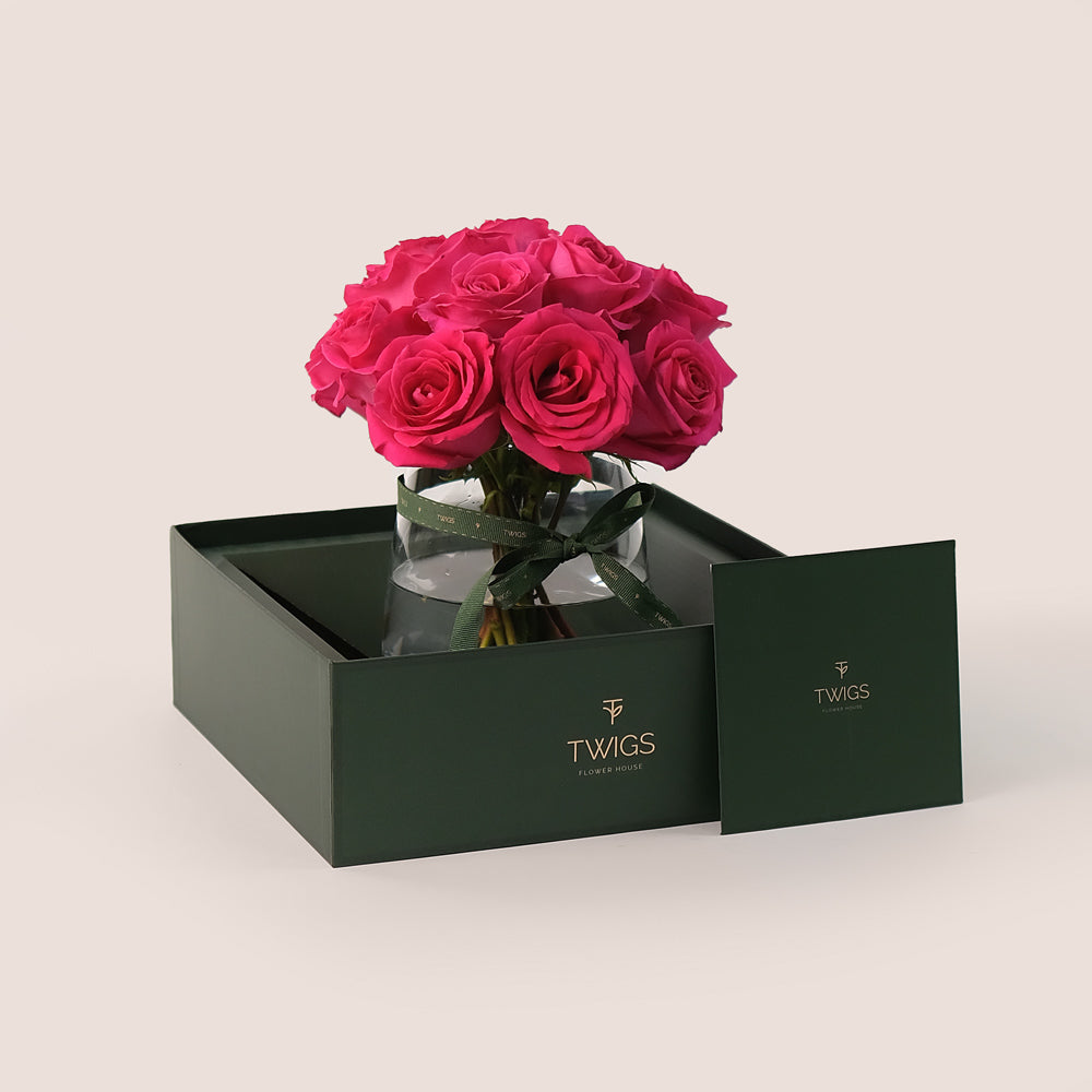 Hot Pink Ecuador Roses in a Petite Flower Vase – Luxury with a Bold Pop of Color