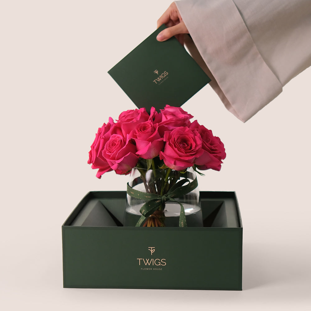 Hot Pink Ecuador Roses in a Petite Flower Vase – Luxury with a Bold Pop of Color