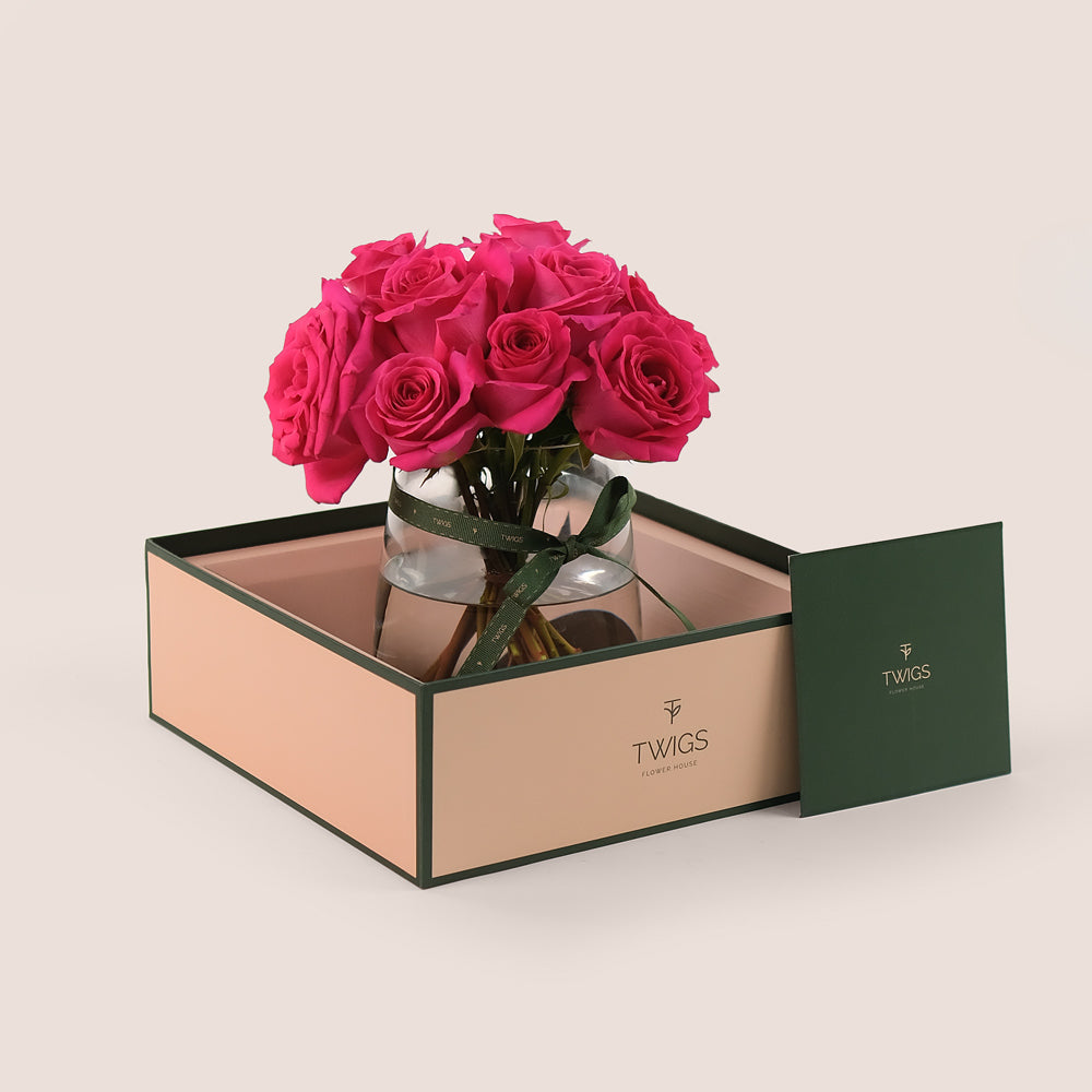 Hot Pink Ecuador Roses in a Petite Flower Vase – Luxury with a Bold Pop of Color