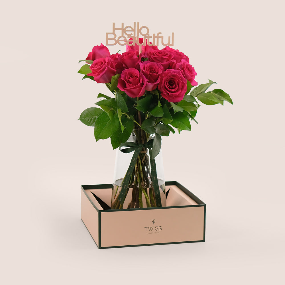 Hot Pink Roses in a Tall Flower Vase – Bold, Luxurious Blooms with a Personal Touch