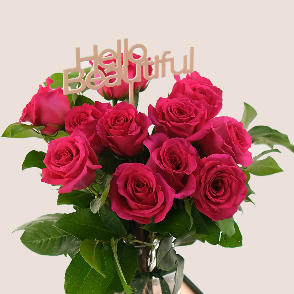 Hot Pink Roses in a Tall Flower Vase – Bold, Luxurious Blooms with a Personal Touch