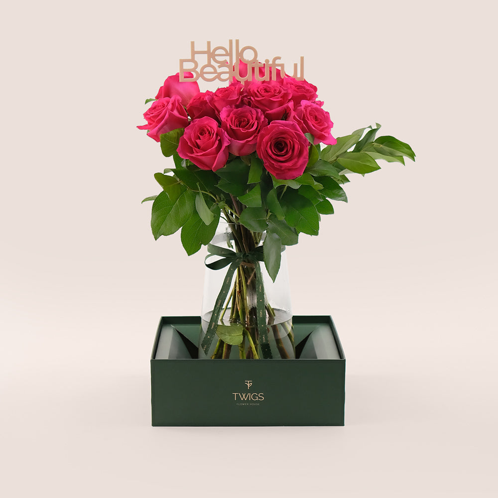 Hot Pink Roses in a Tall Flower Vase – Bold, Luxurious Blooms with a Personal Touch