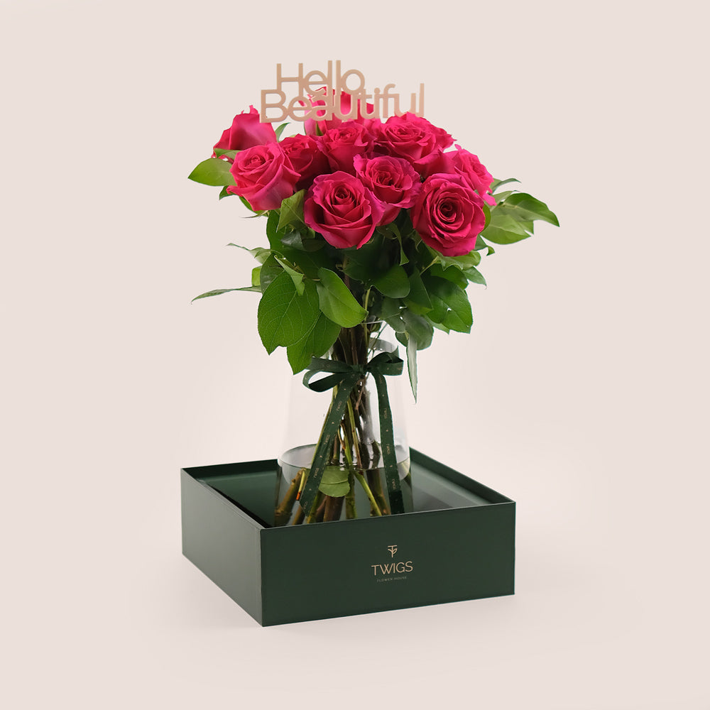 Hot Pink Roses in a Tall Flower Vase – Bold, Luxurious Blooms with a Personal Touch