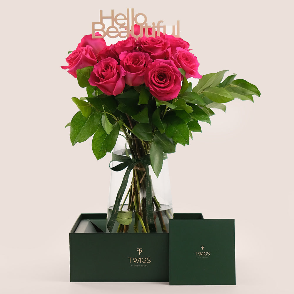 Hot Pink Roses in a Tall Flower Vase – Bold, Luxurious Blooms with a Personal Touch