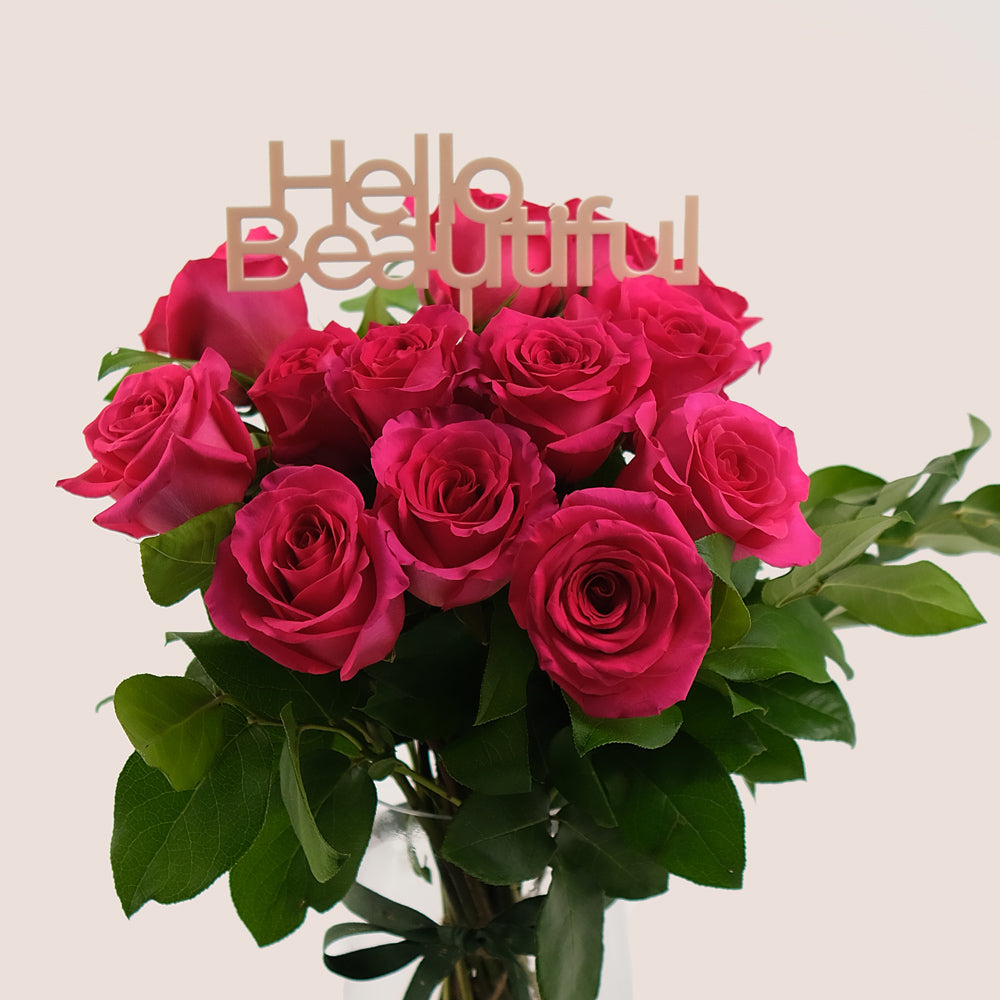 Hot Pink Roses in a Tall Flower Vase – Bold, Luxurious Blooms with a Personal Touch