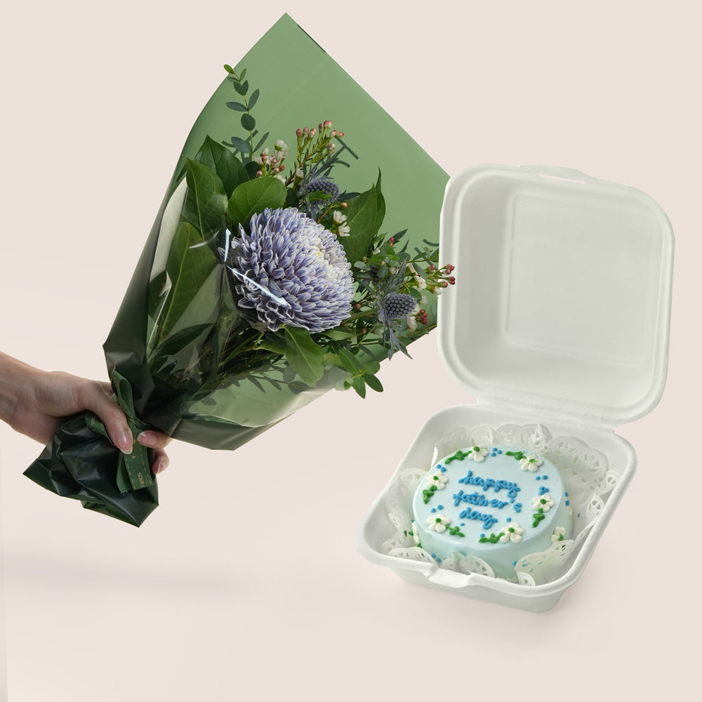 Sweet Blue — chocolate bento cake with Happy Father's Day message paired with a mini bouquet of blue chrysanthemums and eryngiums, Father's Day gift Dubai