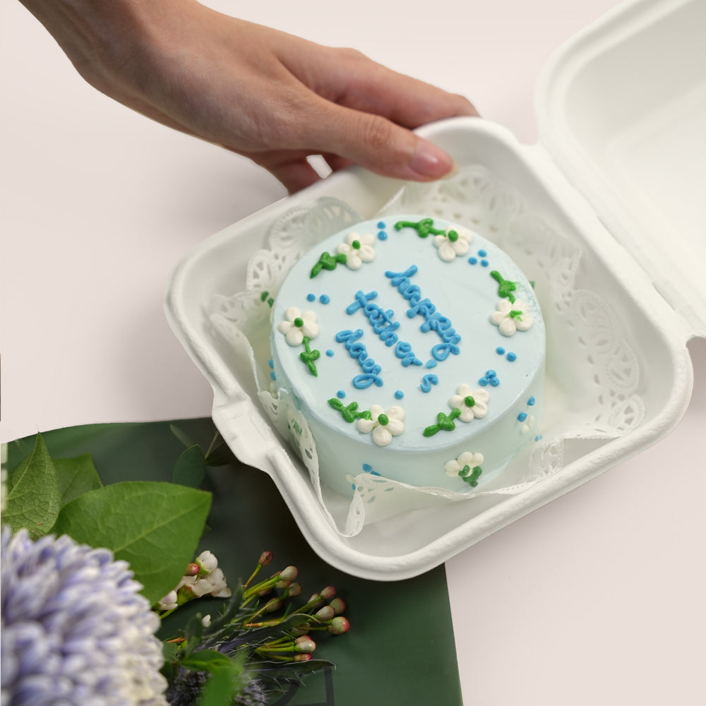 Sweet Blue — chocolate bento cake with Happy Father's Day message paired with a mini bouquet of blue chrysanthemums and eryngiums, Father's Day gift Dubai