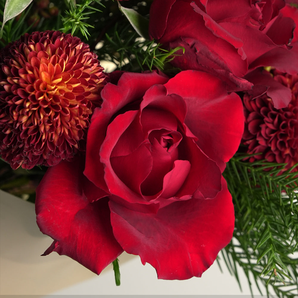 Christmas bouquet with red roses and pine leaves Twigs UAE