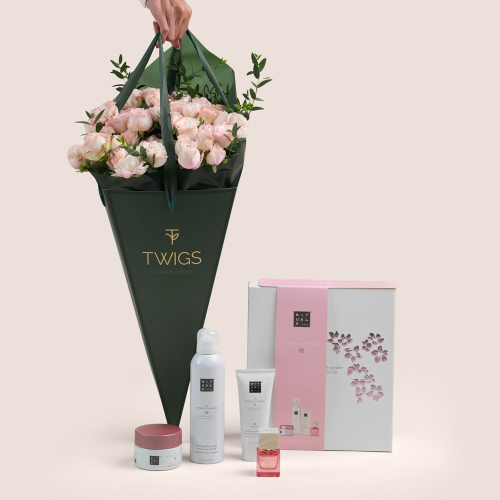 Pink Bombastic roses with rituals skin care  products