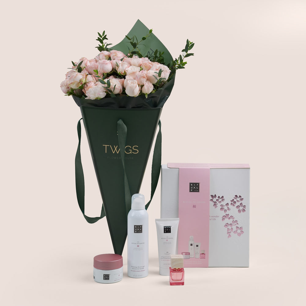 Pink Bombastic roses with rituals skin care  products