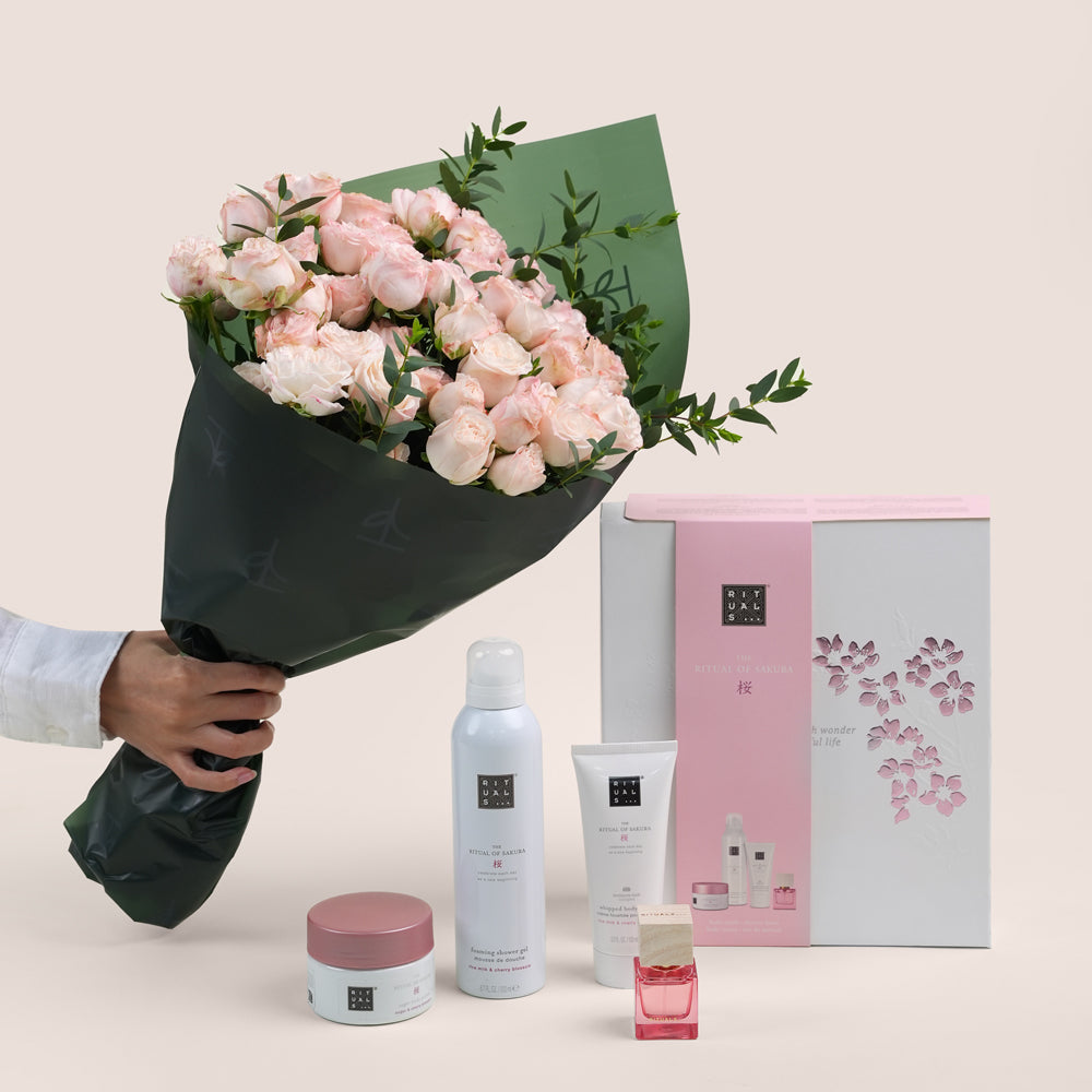 Pink Bombastic roses with rituals skin care  products