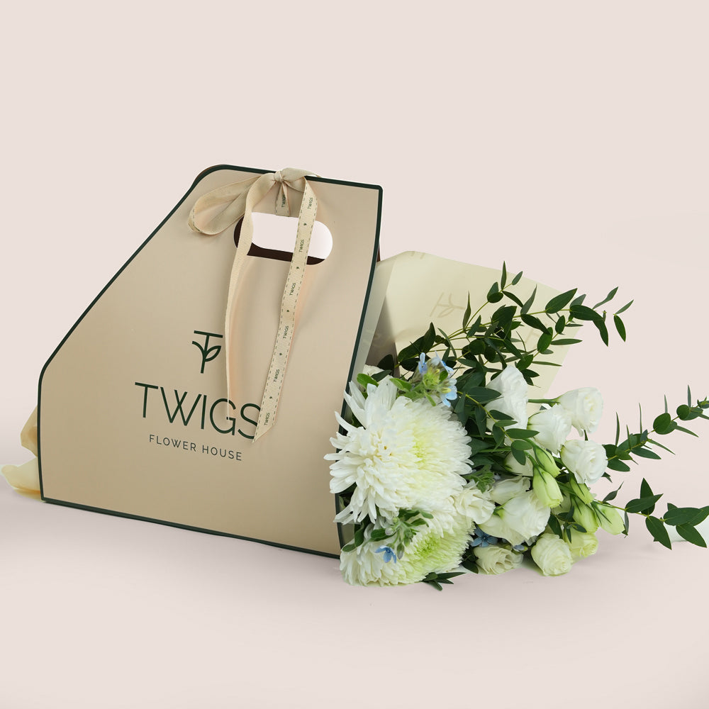 White & Baby Blue Floral Bouquet | Elegant Hand Bouquet Dubai & UAE