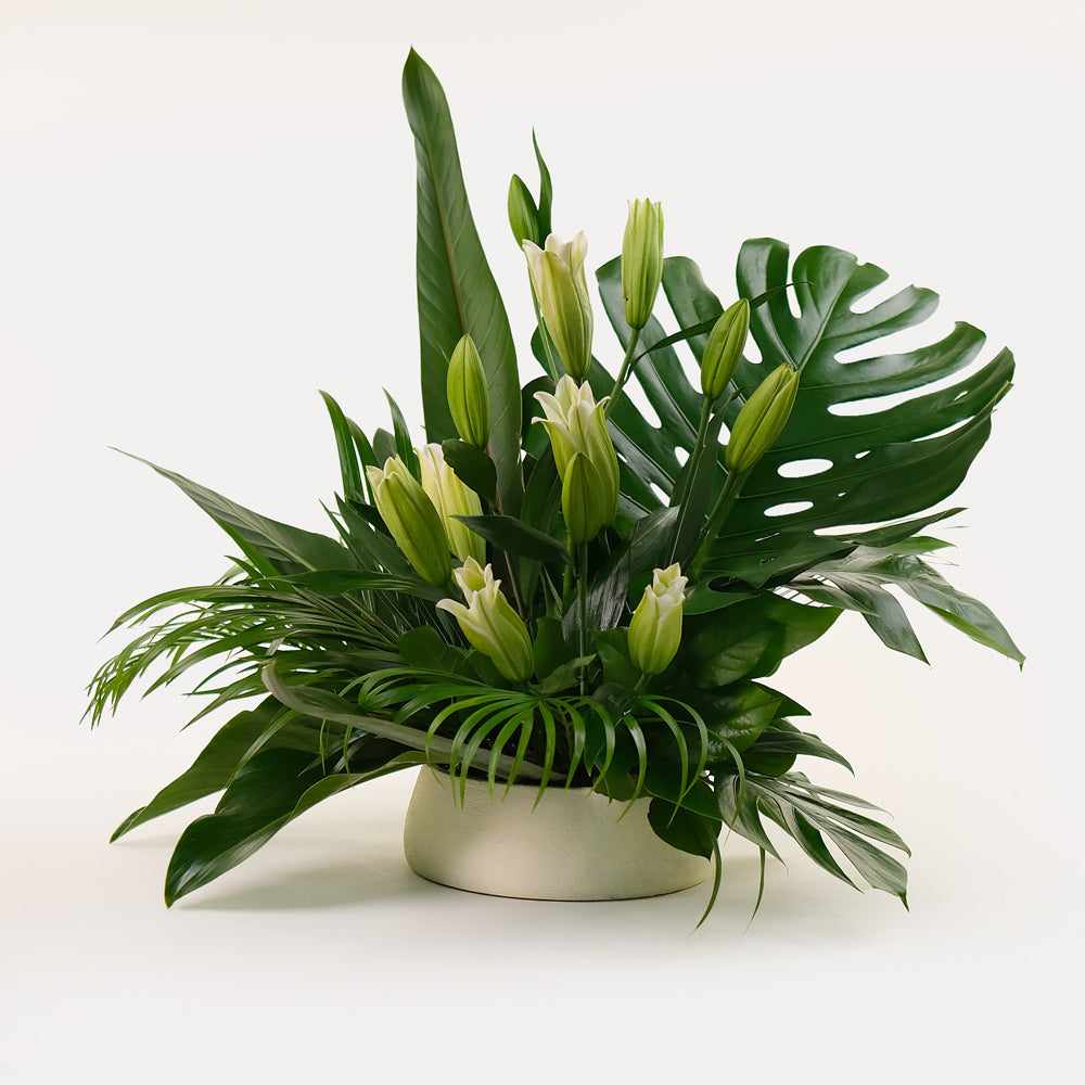 A vase arrangement of green Monstera leaves and white lily flowers, presented against a neutral background.