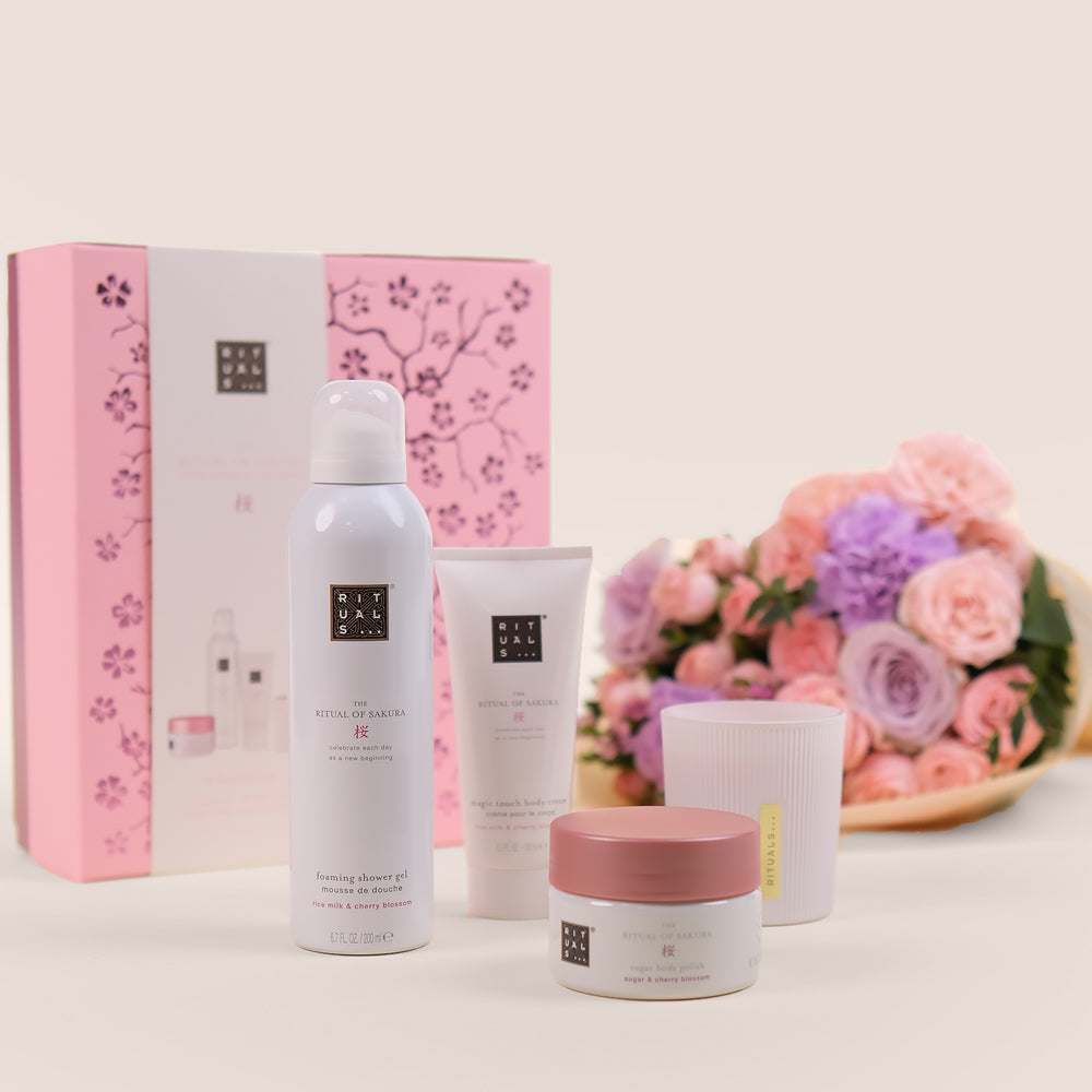 Violet Hues - Mother's Day Bouquet & RITUALS Sakura Gift Set – Floral & Self-Care Elegance