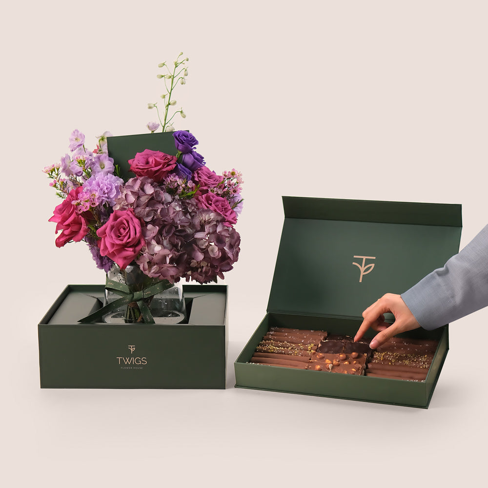 Purple Majesty – Flowers in a Petite Vase & Premium Chocolate Gift Set