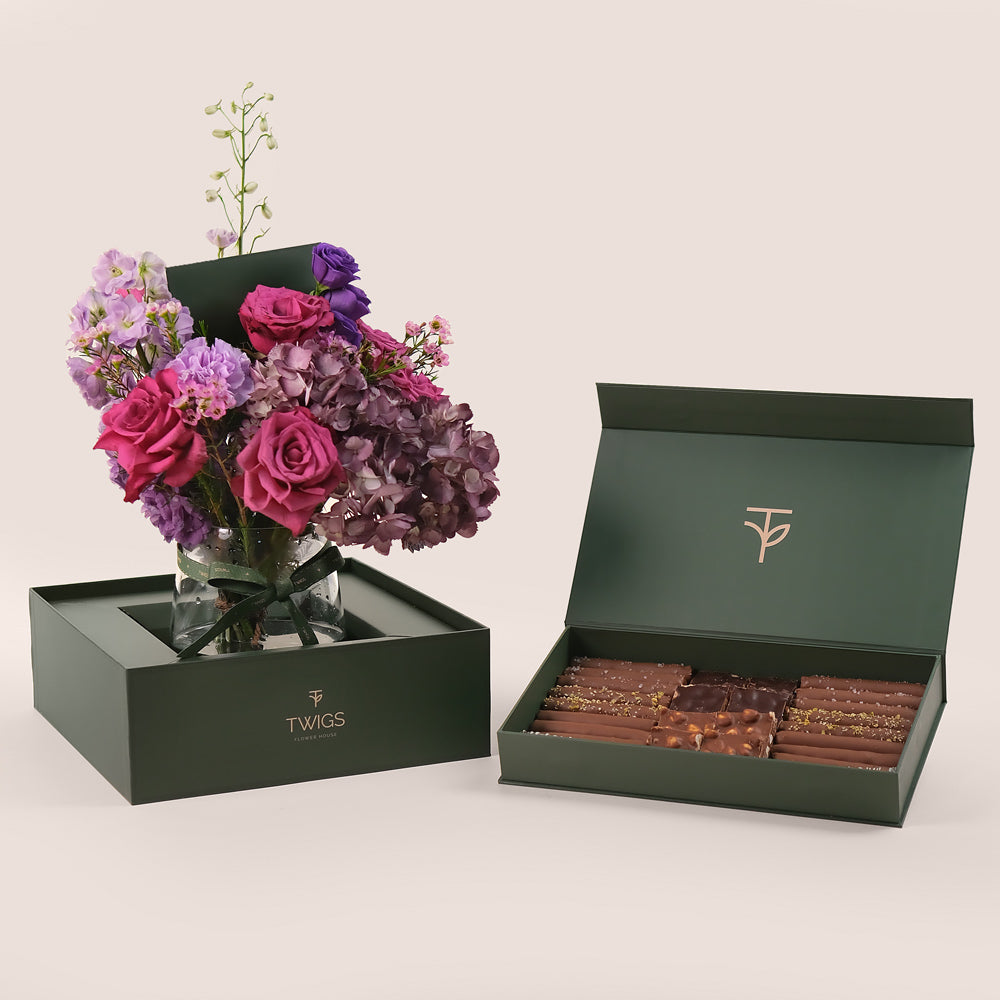 Purple Majesty – Flowers in a Petite Vase & Premium Chocolate Gift Set