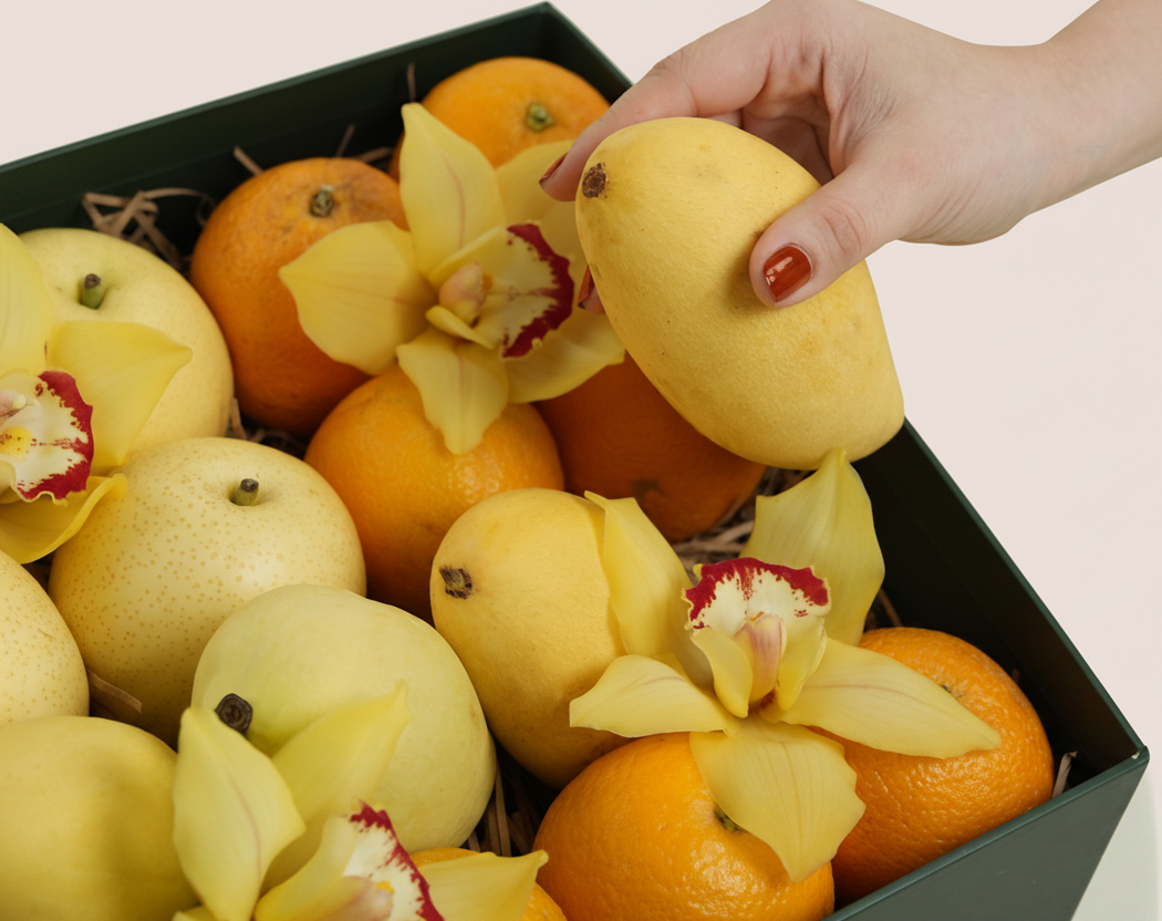 
TWIGS Citrus Box with fresh oranges, yellow mangoes, white pears and yellow cymbidium orchids in a dark green gift box, Dubai UAE