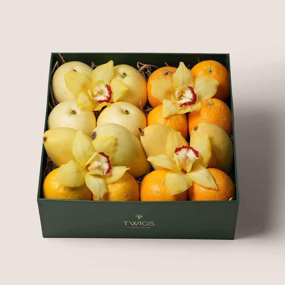 
TWIGS Citrus Box with fresh oranges, yellow mangoes, white pears and yellow cymbidium orchids in a dark green gift box, Dubai UAE