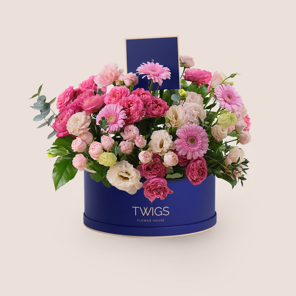 Fuchsia & Pastels Flowers in blue Box 