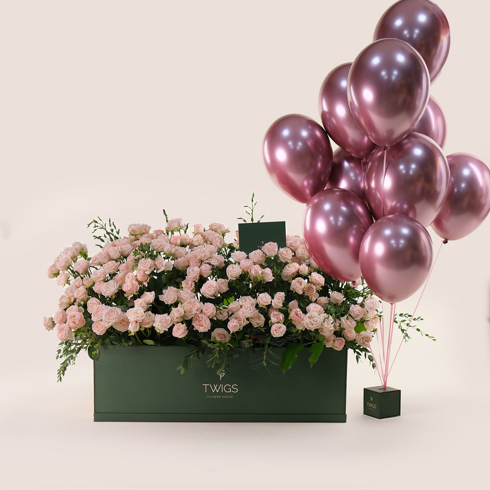 Blushing Garden Bundle – Roses & Balloons for Special Moments - A Grand Gesture of Love and Joy