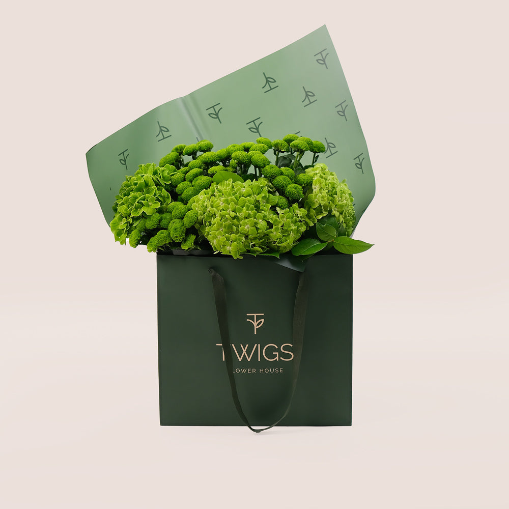 Green Bloom – Hand Bouquet of Hydrangeas & Button Mums - A Refreshing Hand-Tied Bouquet of Natural Charm