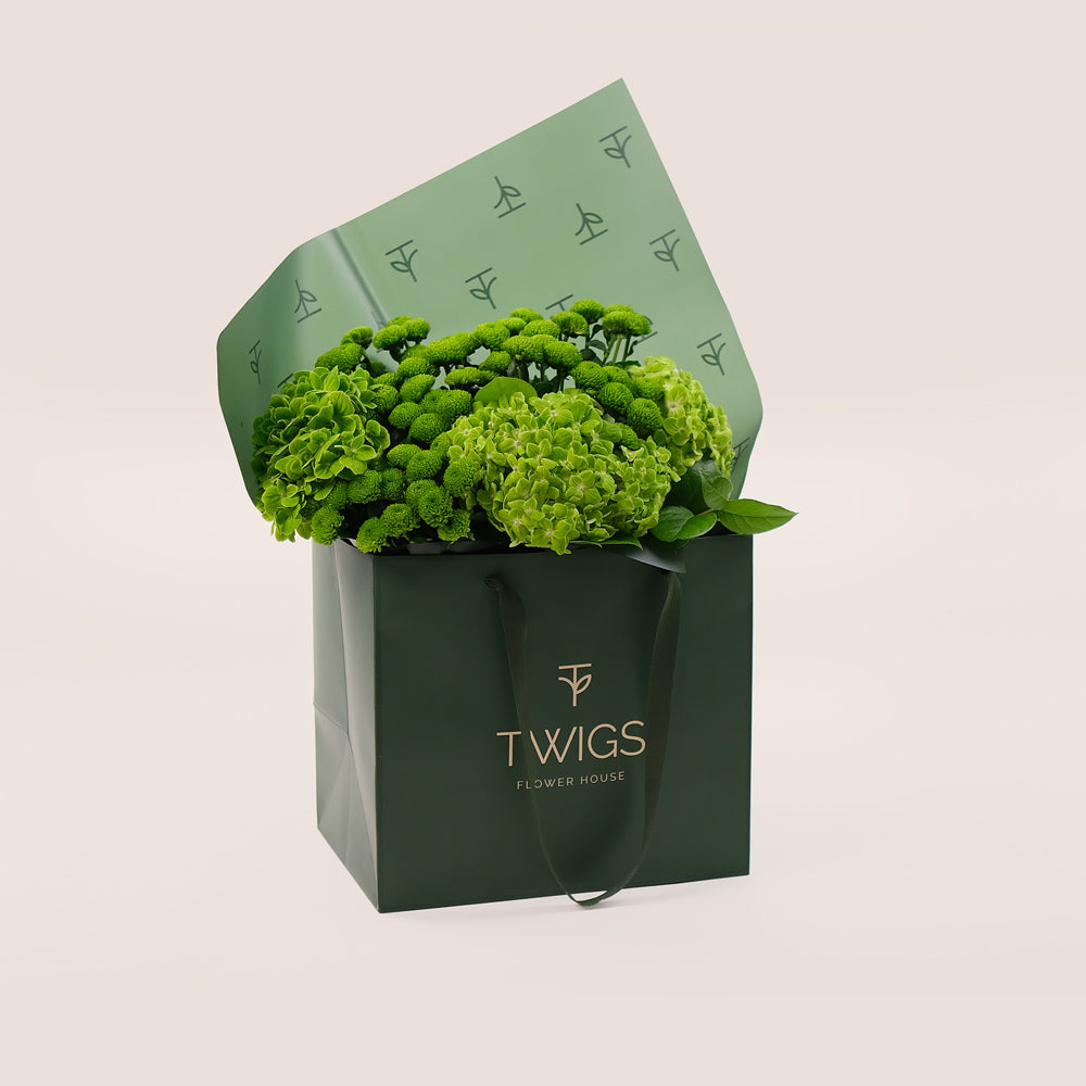 Green Bloom – Hand Bouquet of Hydrangeas & Button Mums - A Refreshing Hand-Tied Bouquet of Natural Charm