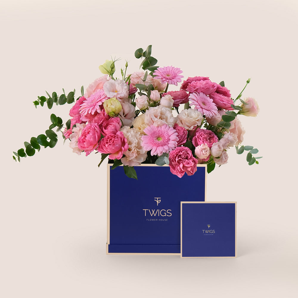 Fuchsia Pink & Pastels Flower Box – Juliet Roses & Pastel Blooms