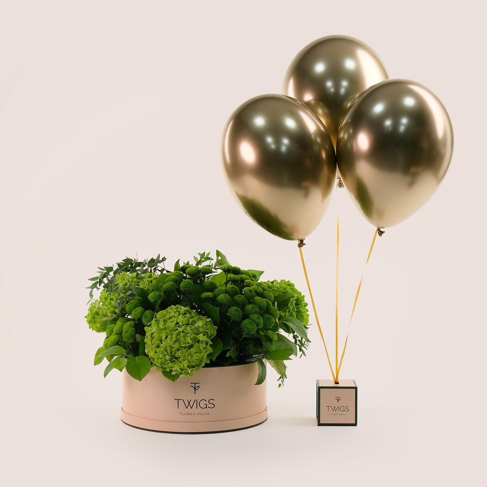 Grande Green Flowers Round Box & Gold Chrome Balloons Bundle – A Refreshing Gift of Elegance and Celebration