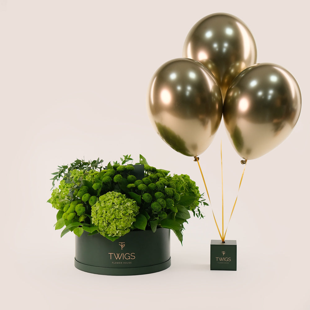 Grande Green Flowers Round Box & Gold Chrome Balloons Bundle – A Refreshing Gift of Elegance and Celebration