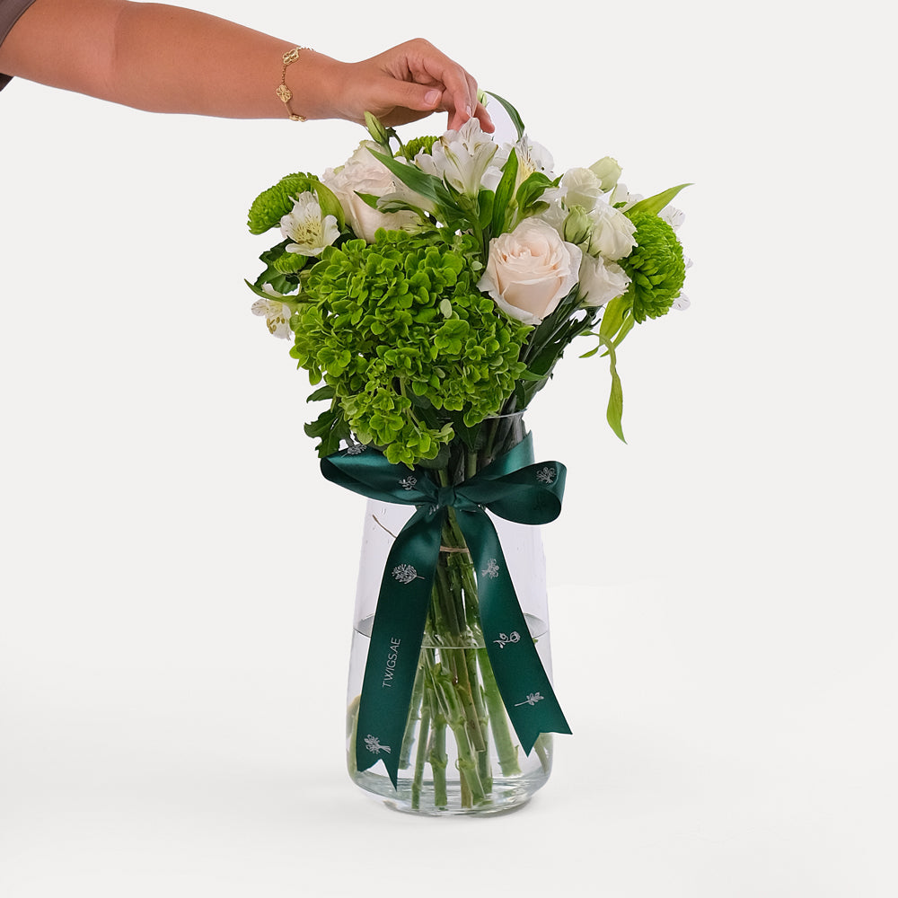 Green and White Flower Vase Arrangement - Tall